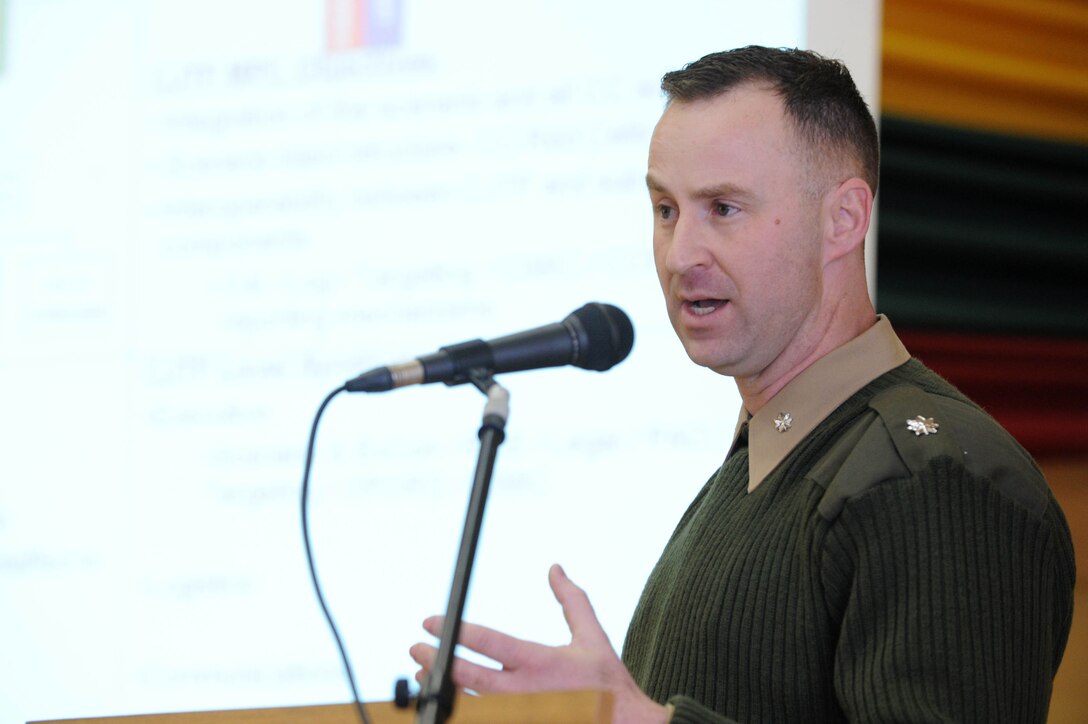 U.S. Marine Lt. Col. Scott Conway, a Naval Striking and Support Forces NATO planning officer for BALTOPS 12, explains the goals and expectations of the week-long planning conference to more than 120 military planners representing 13 nations at the Gen. Adolfas Ramanauskas Warfare Training Centre in Vilnius, Lithuania, Feb. 27. BALTOPS 12 (Baltic Operations) is a U.S.-led maritime and land-based exercise conducted throughout the Baltic Sea region that focuses on increasing interoperability of the participating nations. BALTOPS 12 is in the spirit of Partnership for Peace and several NATO assets are expected to participate.